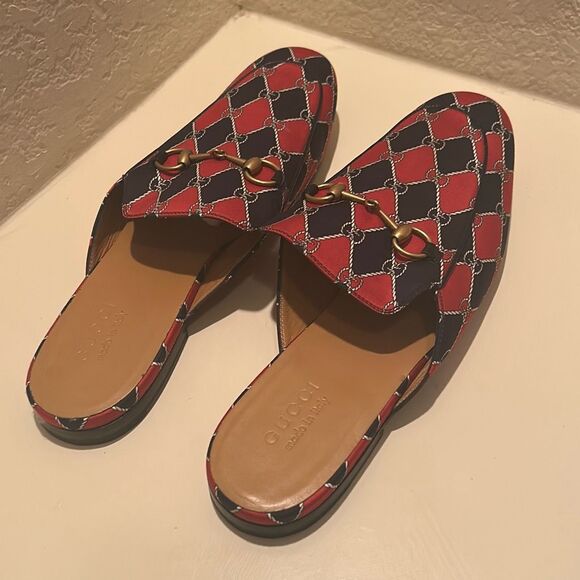 Gucci Men's Size 11.5 Princetown Mule Slides Blue Red Diamond Pattern Horsebit - Picture 3 of 13